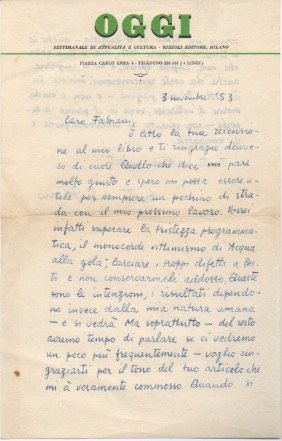 Lettera autografa firmata inviata al poeta e giornalista Enzo Fabiani. …