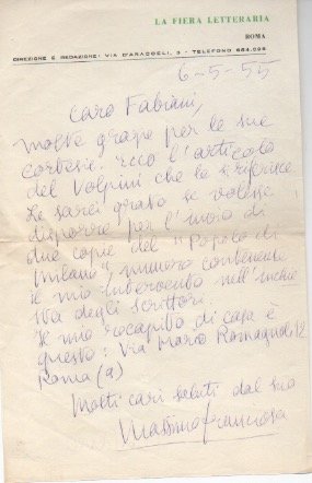 Lettera autografa firmata inviata al poeta e giornalista Enzo Fabiani. …