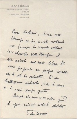 Lettera autografa firmata inviata al poeta e giornalista Enzo Fabiani. …