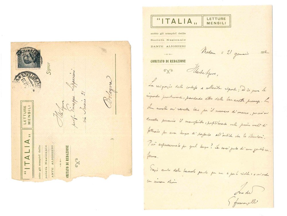 Lettera autografa firmata inviata al professor Giuseppe Lipparini