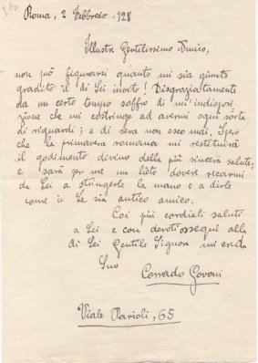 Lettera autografa firmata inviata al senatore Alfredo Baccelli