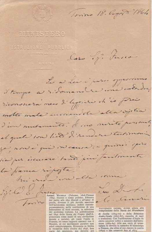 Lettera autografa firmata inviata al Sig. Fusco, Torino