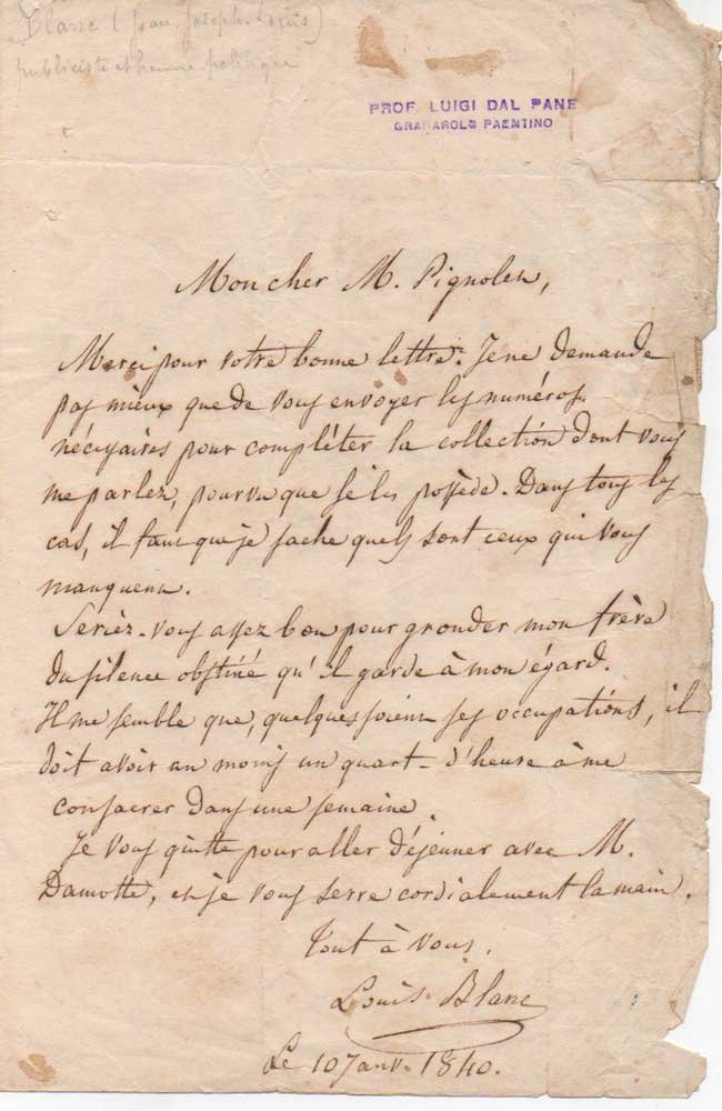 Lettera autografa firmata inviata al Sig. Pignolen.