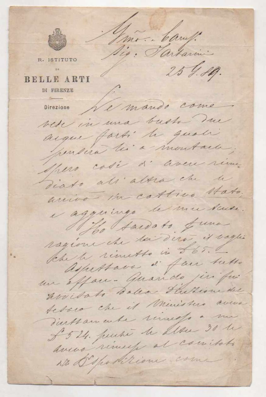 Lettera autografa firmata inviata al Sig. Tartarini