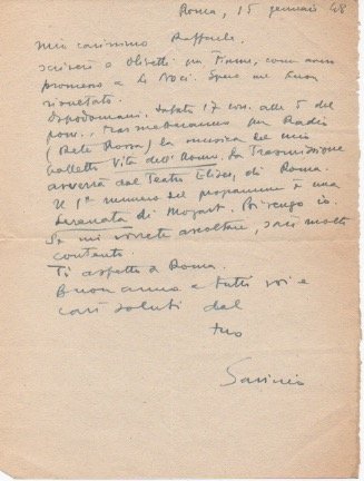 Lettera autografa firmata inviata all’amico Raffaele. Datata 15 gennaio 1948