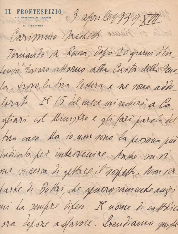 Lettera autografa firmata inviata all’amico Sacchetti