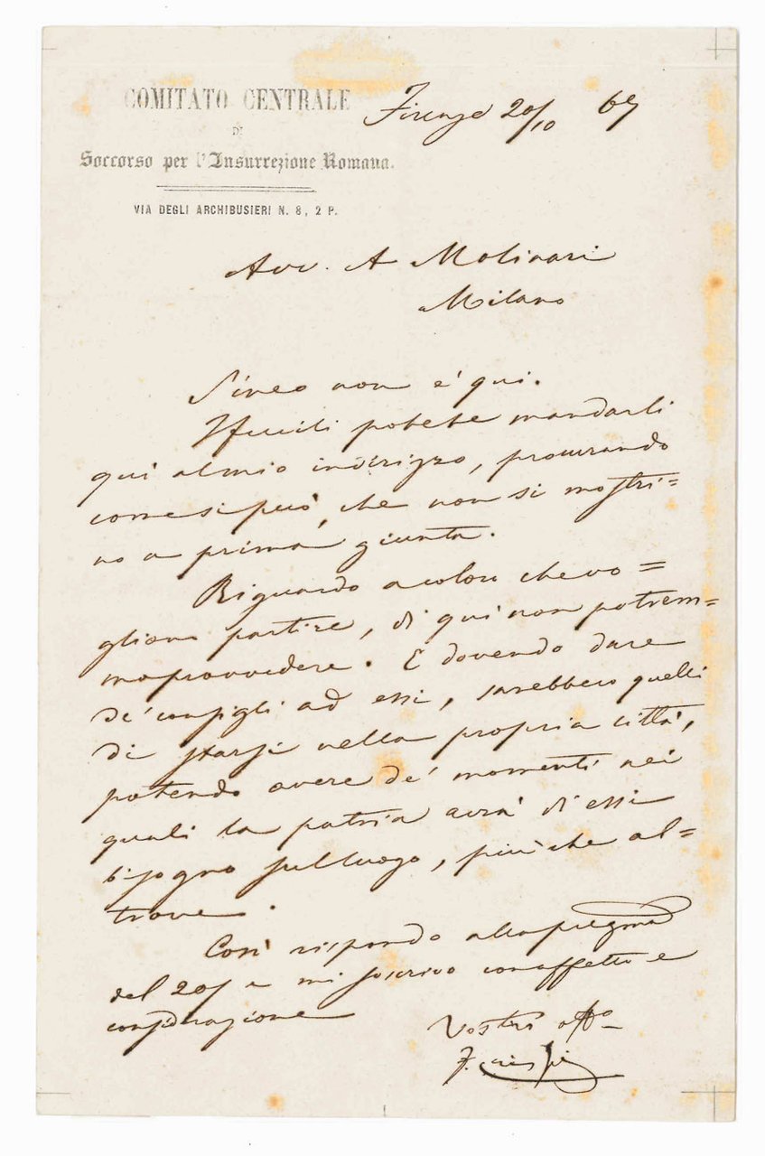 Lettera autografa firmata, inviata all’avvocato Molinari – Milano.