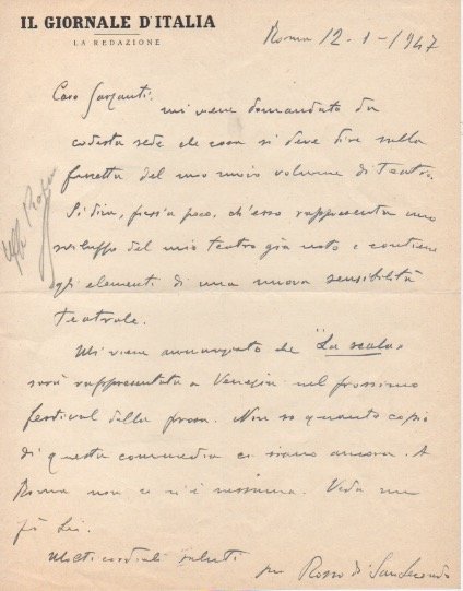 Lettera autografa firmata inviata all’editore Garzanti. Datata 12 gennaio 1947.