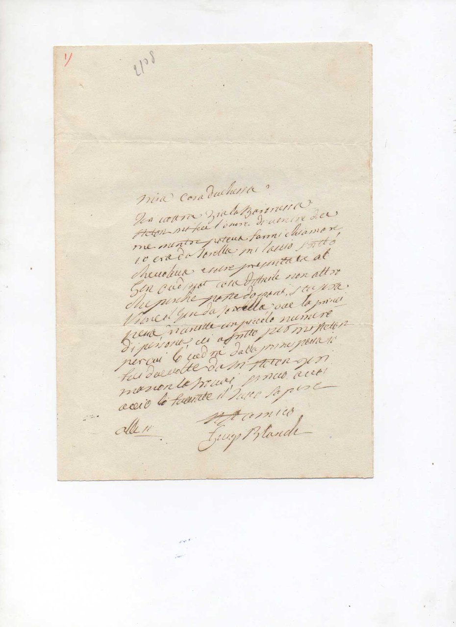 Lettera autografa firmata inviata alla duchessa di Satriano. Non datata.
