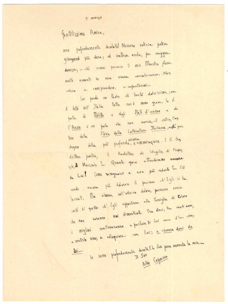 Lettera autografa firmata, inviata alla figlia di Giuseppe Lipparini