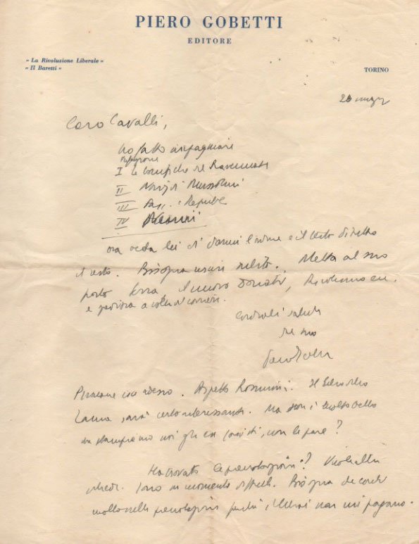 Lettera autografa firmata su carta intestata Piero Gobetti, indirizzata a …