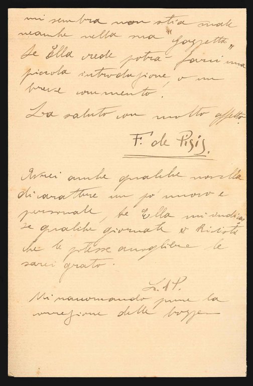 Lettera autografa siglata, inviata al direttore della Gazzetta Ferrarese, su …