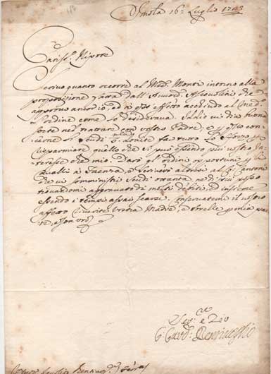 Lettera con firma autografa, datata 16 luglio 1723 - Imola, …