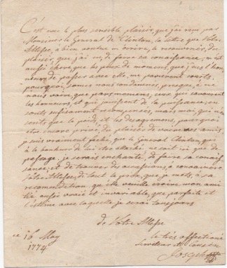 Lettera con firma autografa, datata 16 maggio 1774, inviata ad …