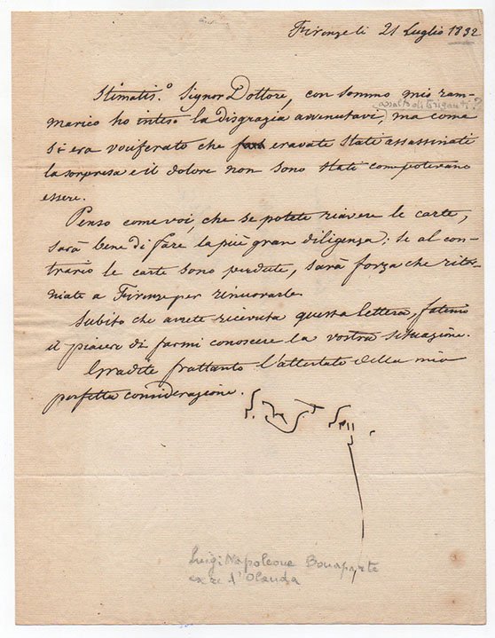 Lettera con firma autografa, datata Firenze 21 luglio 1832, indirizzata …