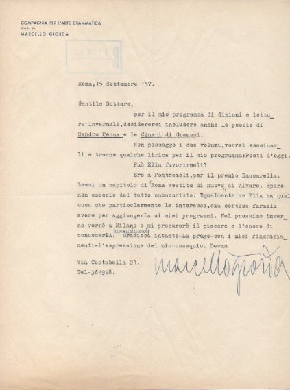 Lettera dattiloscritta con firma autografa, datata 15 settembre 1957 - …