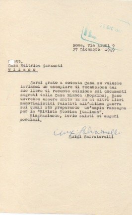 Lettera dattiloscritta con firma autografa, datata 27 dicembre 1949 - …