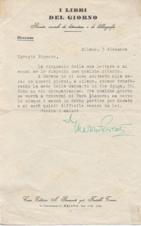 Lettera dattiloscritta con firma autografa, datata 3 dicembre s.a.