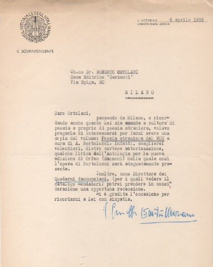 Lettera dattiloscritta con firma autografa, datata 6 aprile 1959 - …