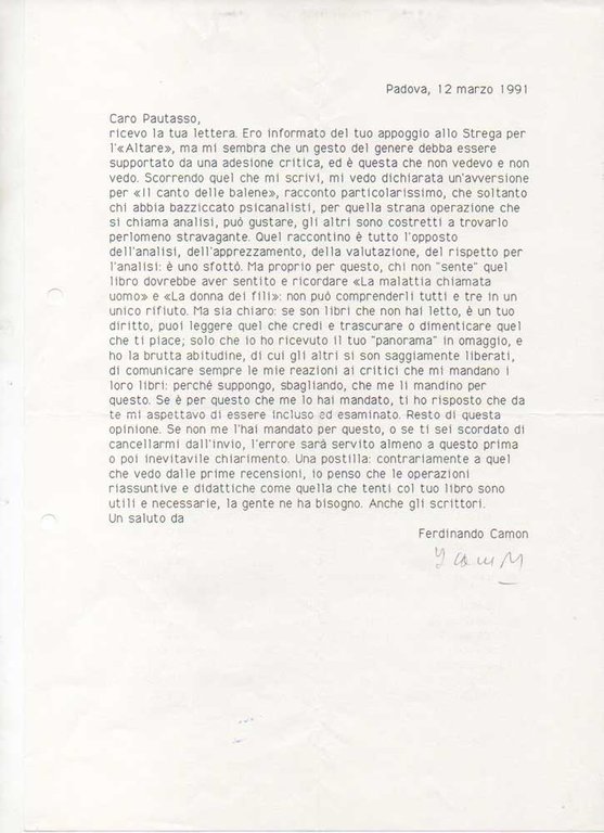 Lettera dattiloscritta con firma autografa, datata Padova 12 marzo 1991, …