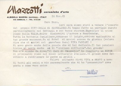 Lettera dattiloscritta con firma autografa indirizzata a Enzo Fabiani. Datata …