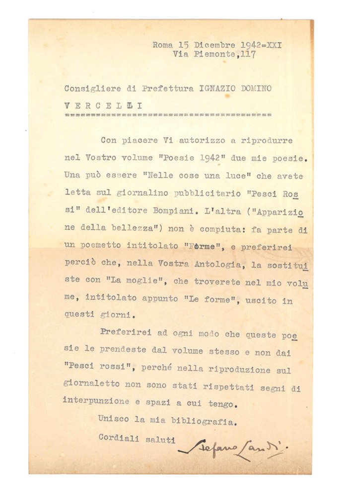 Lettera dattiloscritta con firma autografa indirizzata al Consigliere di Prefettura …