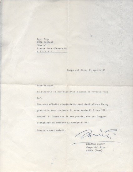 Lettera dattiloscritta con firma autografa inviata al poeta e giornalista …