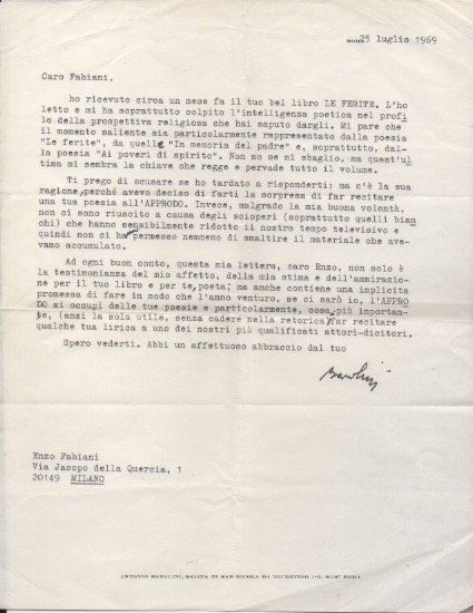 Lettera dattiloscritta con firma autografa inviata al poeta e giornalista …