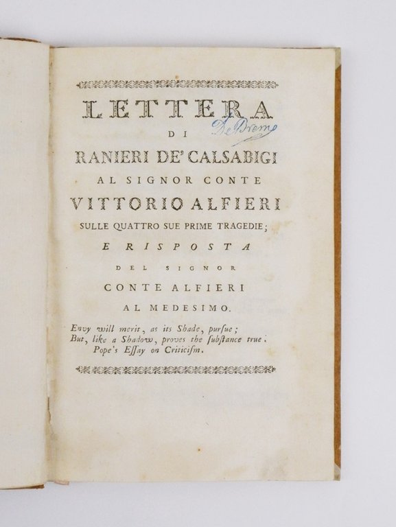 Lettera di Ranieri de' Calsabigi al signor conte Vittorio Alfieri …