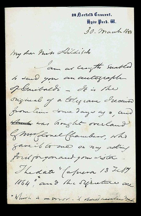 Lettera in lingua inglese, su carta intestata «8 Norfolk Crescent …