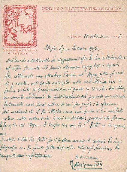 Lettera inviata a Francesco Cazzamini Mussi.