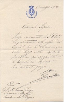 Lettera manoscritta con firma autografa inviata al conte Luigi Sormani …