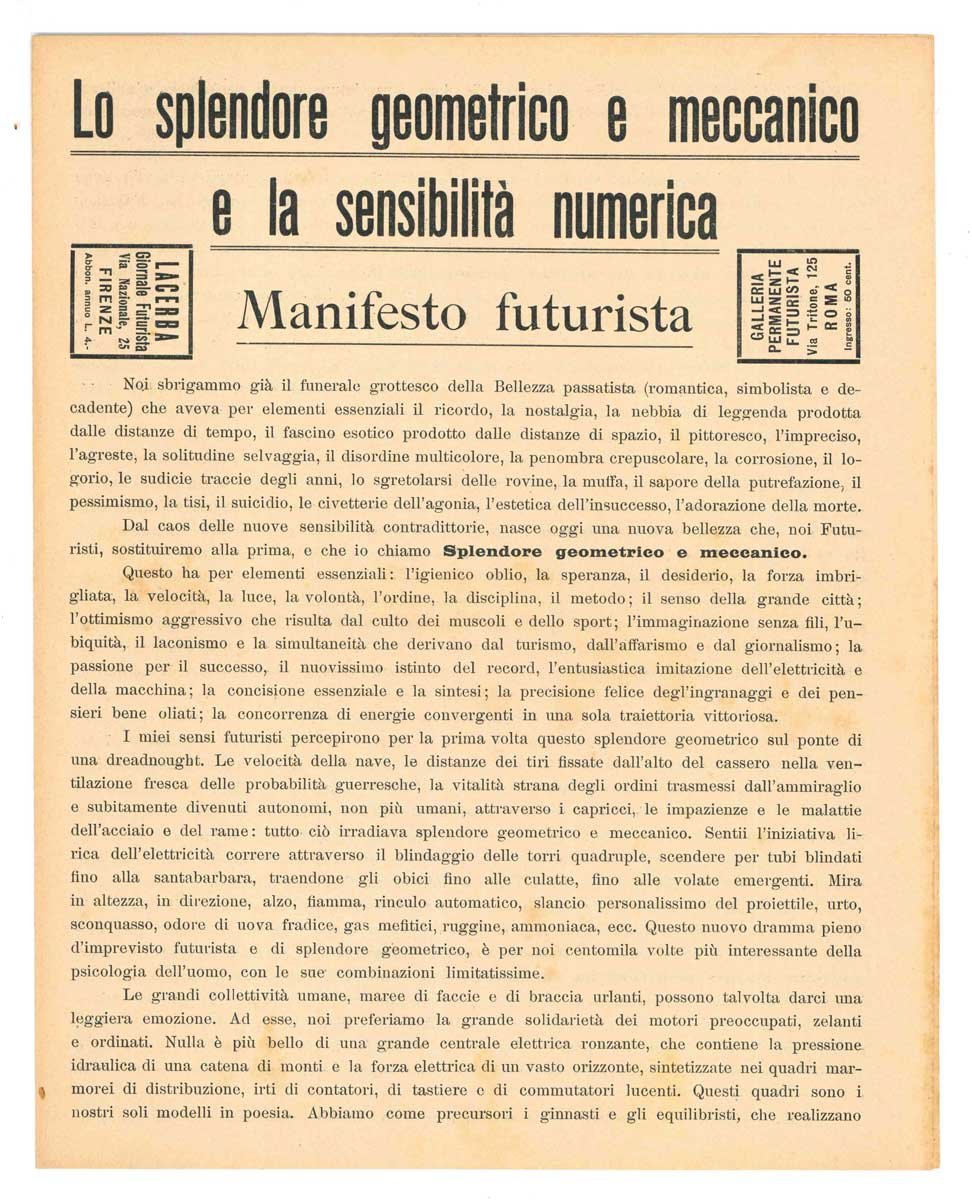 Lo splendore geometrico e meccanico e la sensibilità numerica. Manifesto …