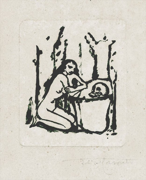 [Maddalena; o: Fanciulla e Cranio; monotipo conservato in: «Felice Casorati: testo di Italo Cremona», esemplare nei 15 fuori commercio con la linoleumgrafia originale allegata]