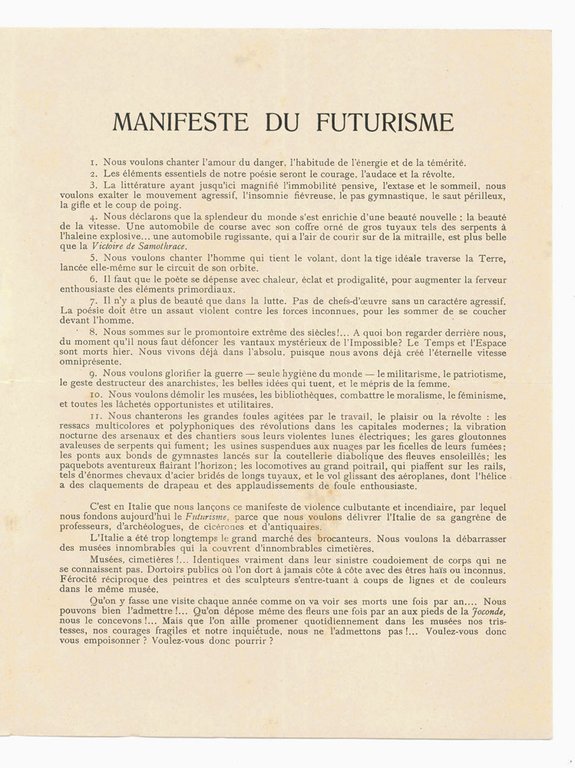 Manifeste initial du futurisme (Publié par «Le Figaro» le 20 …