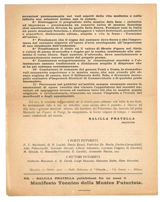 Manifesto dei Musicisti futuristi [PRIMA EDIZIONE, PRIMA TIRATURA]