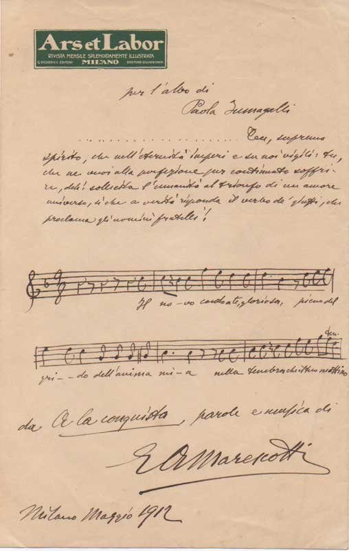 Manoscritto autografo firmato. Con citazione musicale.