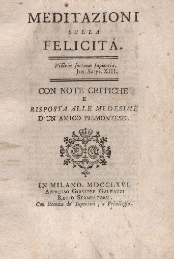 Meditazioni sulla felicità, con note critiche e risposta alle medesime …