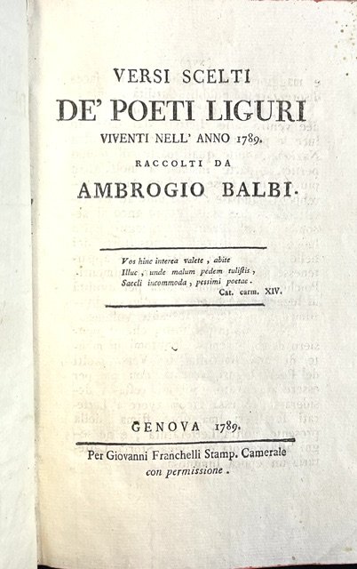 Versi scelti de' poeti liguri viventi nell'anno 1789. Raccolti da … | Immagine principale