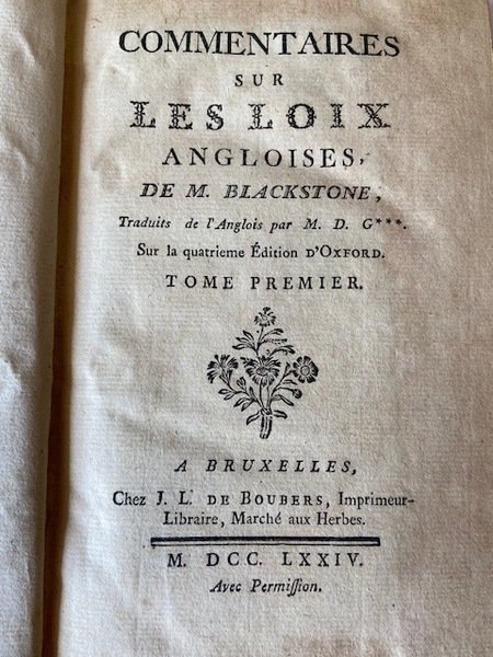 Commentaires sur les Loix Angloises. (sur la quatrième édition d'Oxford)