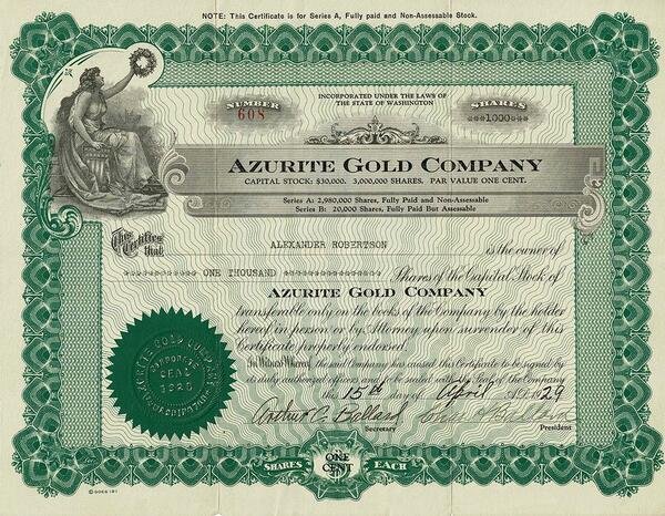 Certificato Azionario - Azurite Gold Company 1929