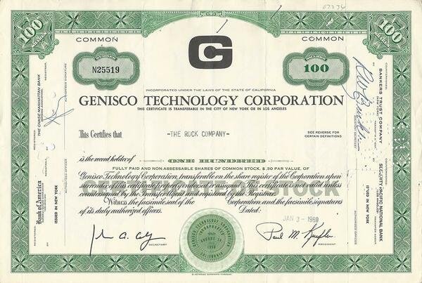 Certificato Azionario - Genisco Tecnology Corporation 1969 | Immagine Gallery 1
