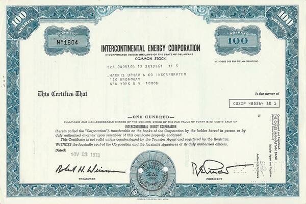 Certificato Azionario - Intercontinental Energy Corporation 1973