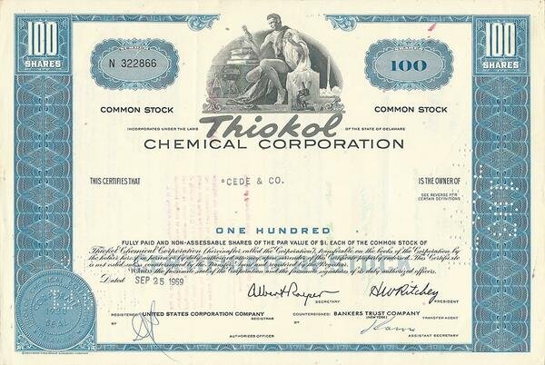 Certificato Azionario - Thiokol Chemical Corporation 1969