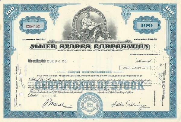 Certificato Azionario - Allied Stores Corporation 1971 | Immagine Gallery 1