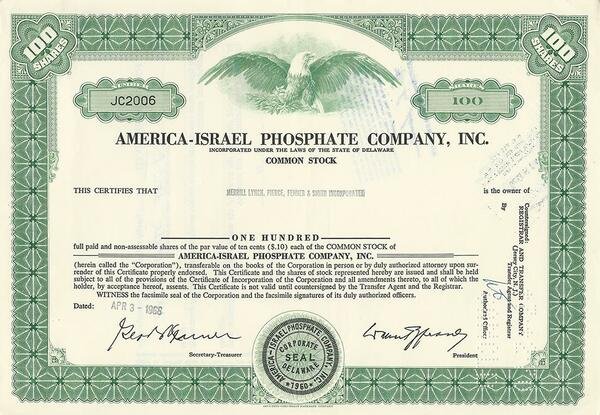 Certificato Azionario - America - Israel Phosphate Company, Inc. 1968