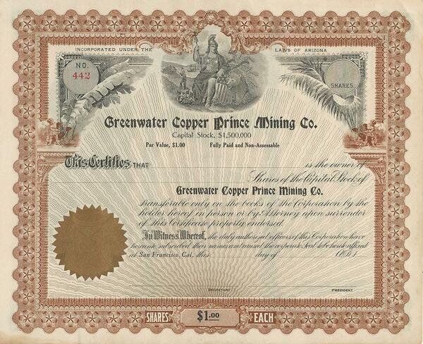 Certificato Azionario - Greenwater Copper Prince Mining Co.