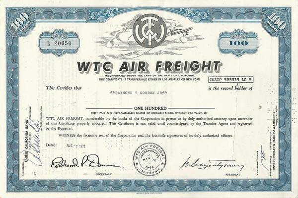 Certificato Azionario - WTC Air Freight 1972