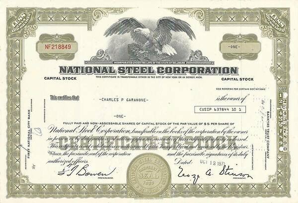 Certificato Azionario - National Steel Corporation 1971 | Immagine Gallery 1