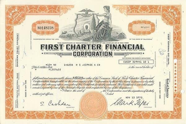 Certificato Azionario - First Charter Financial Corporation 1975